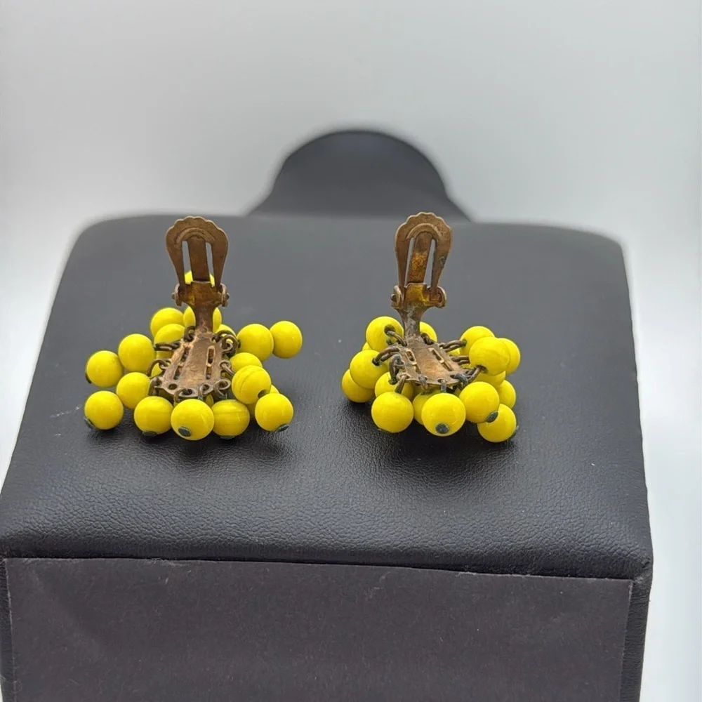 Vintage bright cheery yellow cha cha beaded clip on statement bold fun earrings